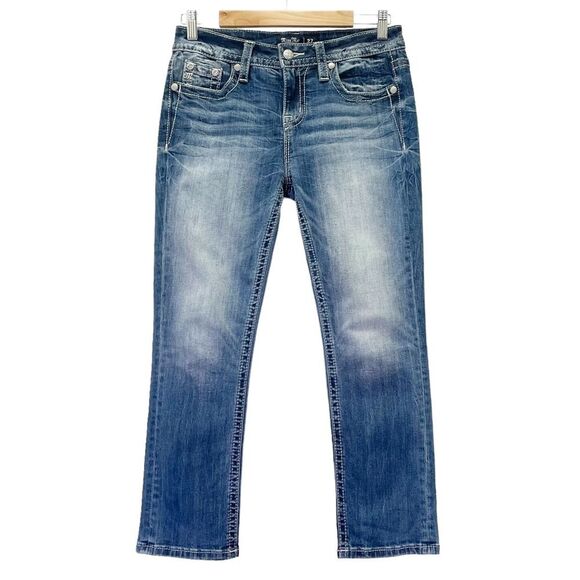 Miss Me Pearl & Feather Border Mid Rise Capri Jeans Cropped Straight Leg Size 27 - Picture 2 of 13